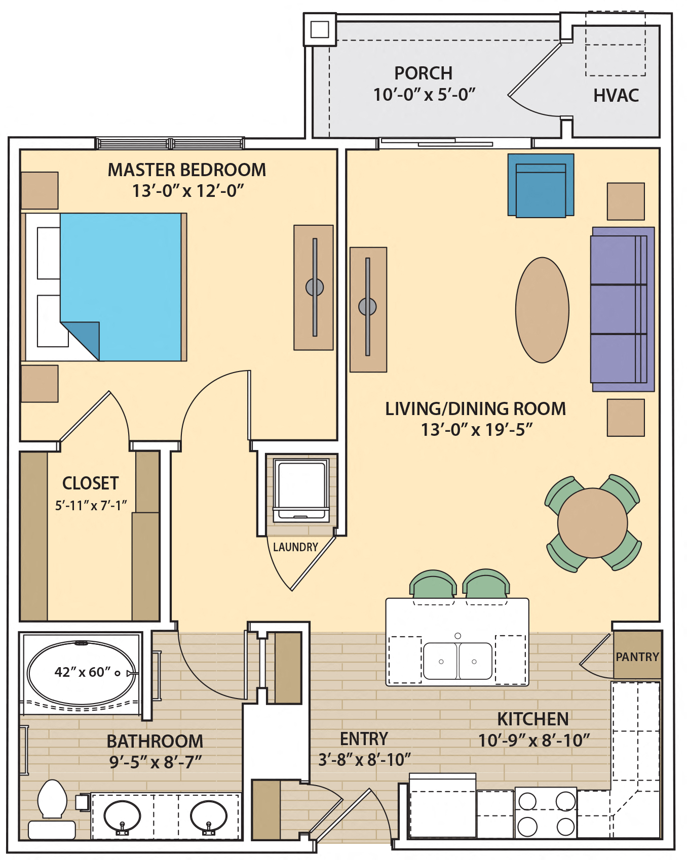 Floor plan for 1 bed, 1 bath, 859 sqft